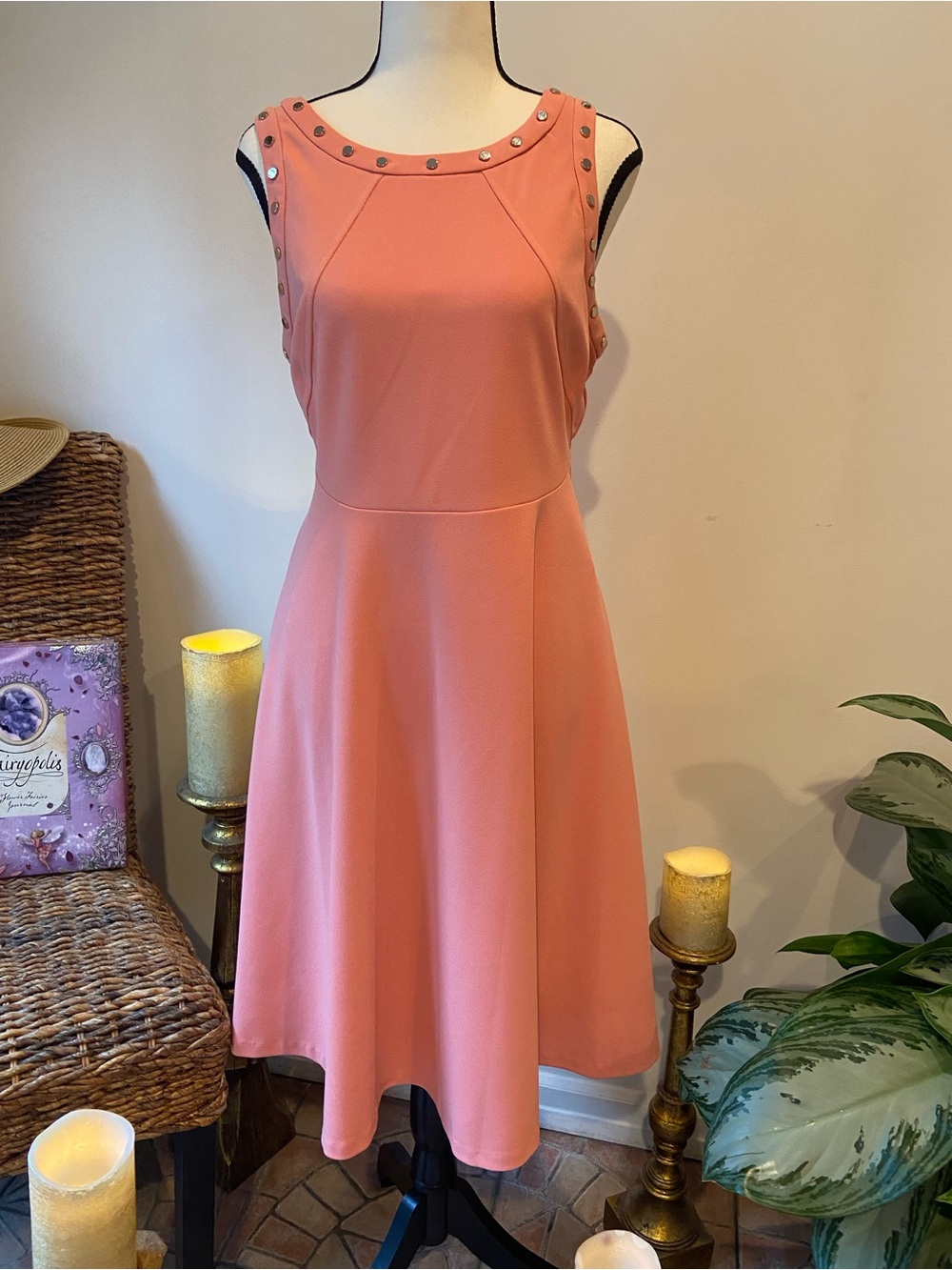 Ivanka Trump Coral Sleeveless A-Line Dress with Stud Accents